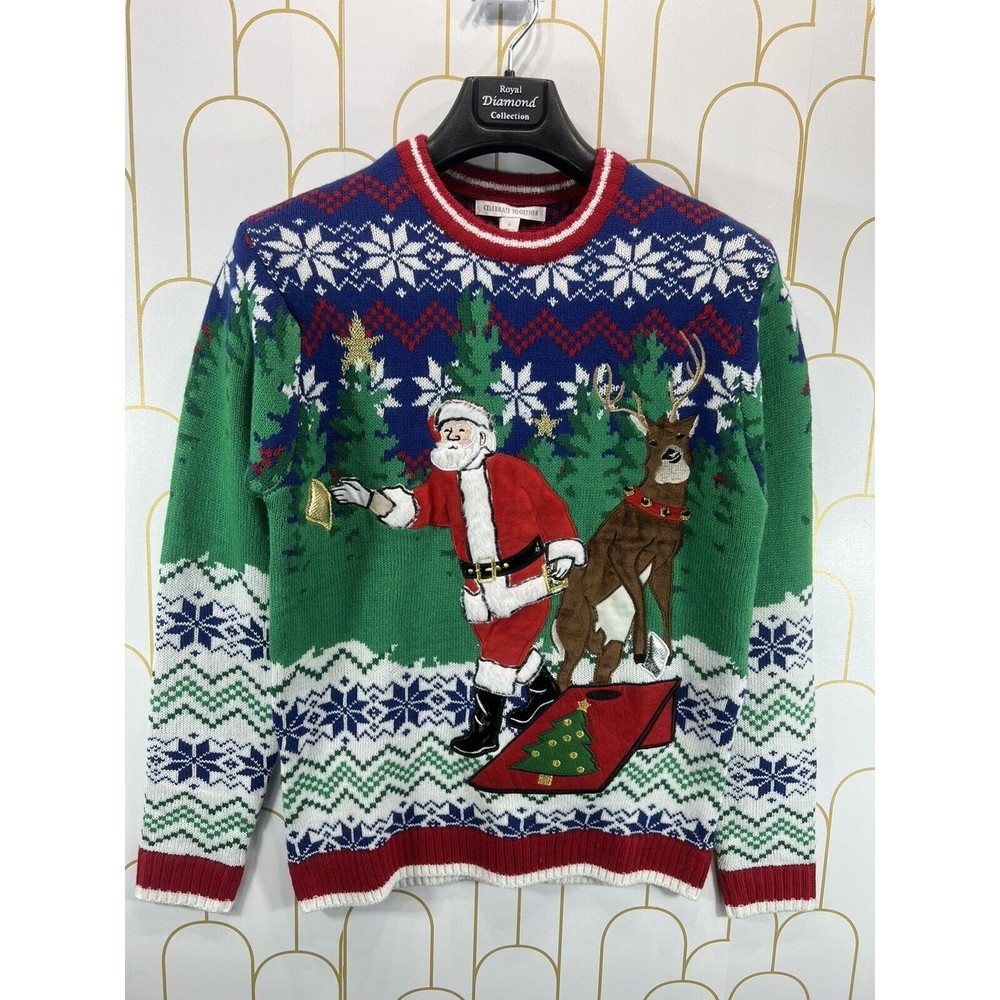 Celebrate Together Men Small Santa Claus Reindeer Cornhole Bag Toss Knit Sweater